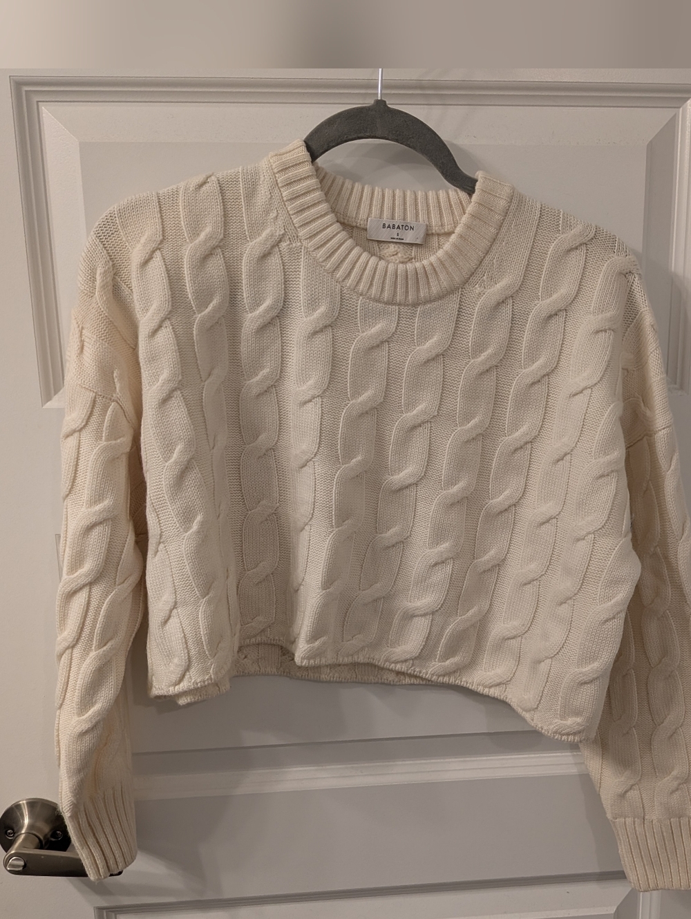 Babaton 100% Wool Ivory Cable-Knit Cropped Crew Sweater